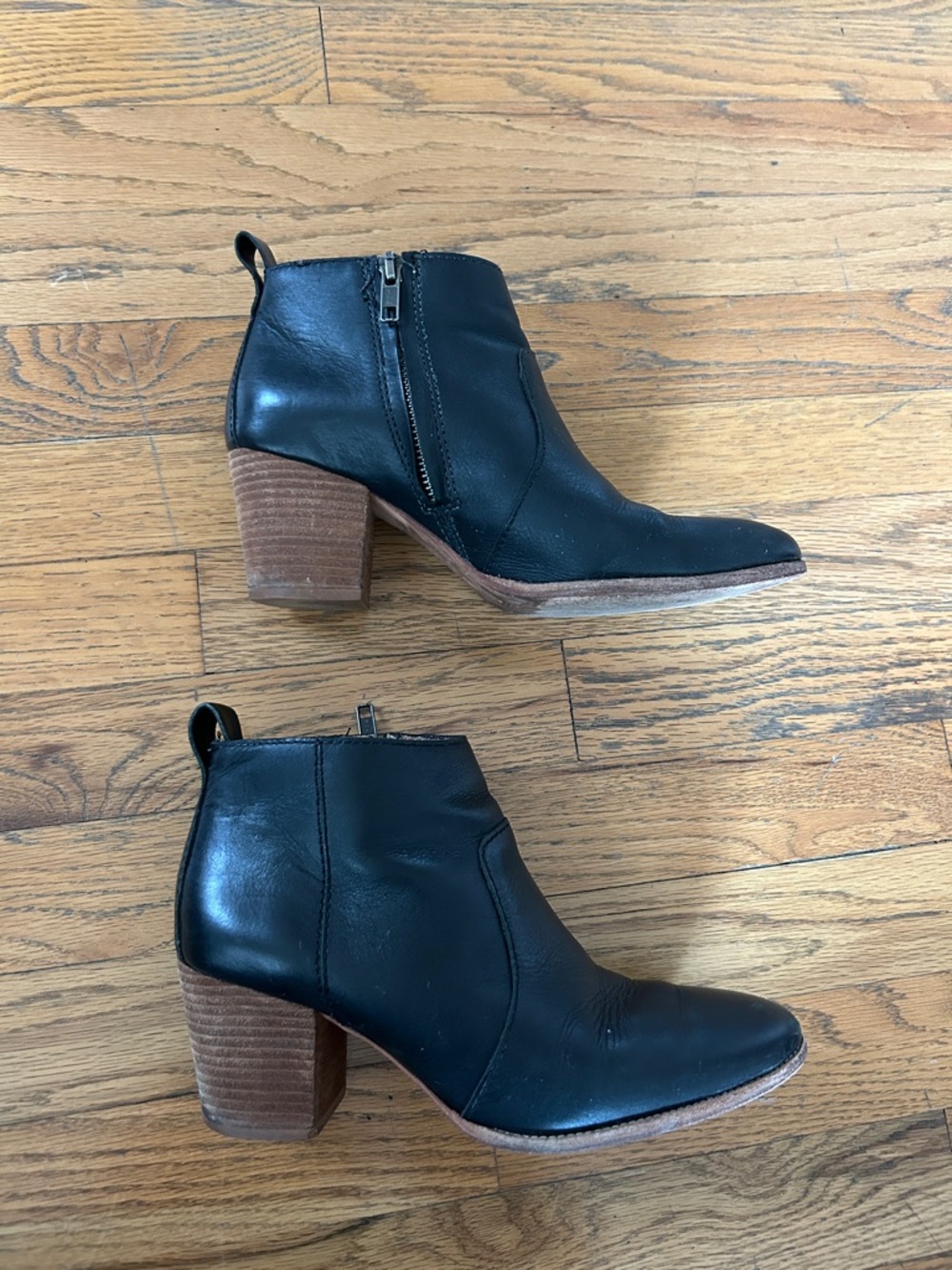 Madewell Black Leather Ankle Booties with Stacked Brown Heel